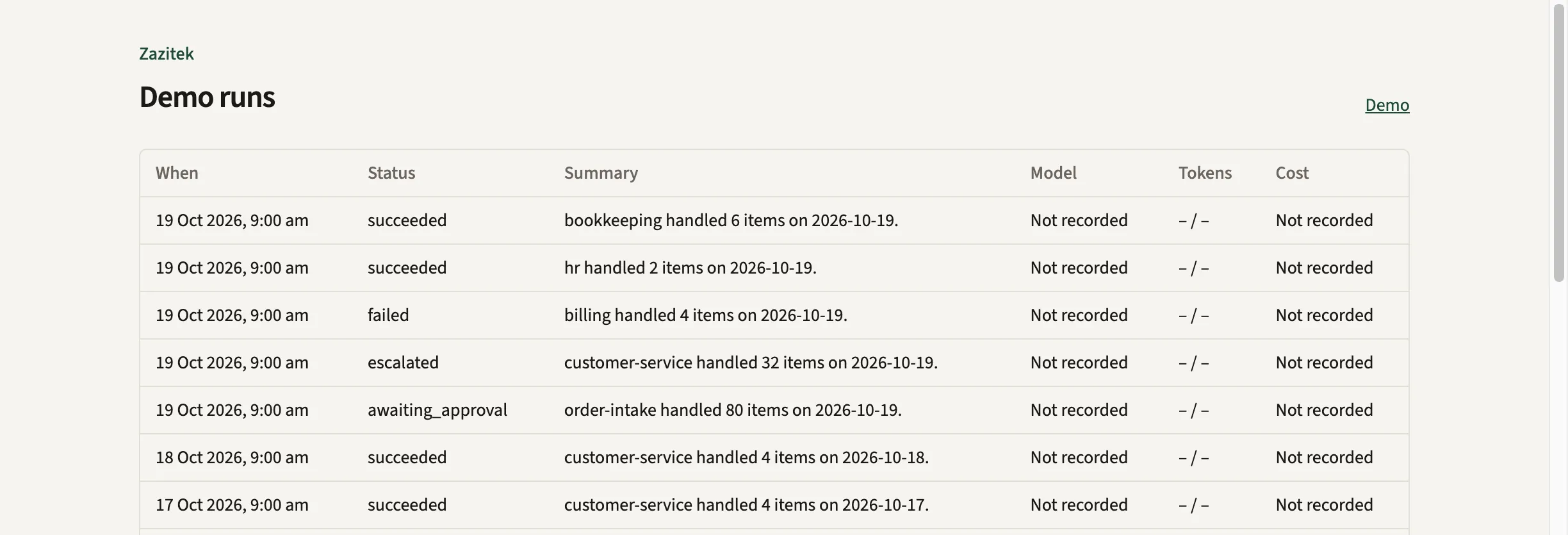 Demo Logistics run list. Each row has a time, a status, a summary, and cost shown as not recorded when the sample run has no model cost.